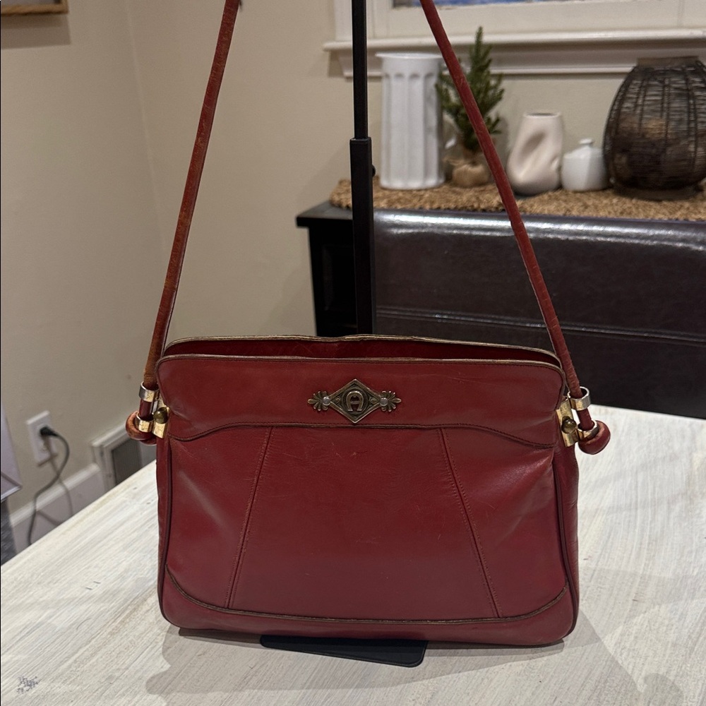 Etienne Aigner Vintage Red Leather Shoulder Bag with Brass Accent